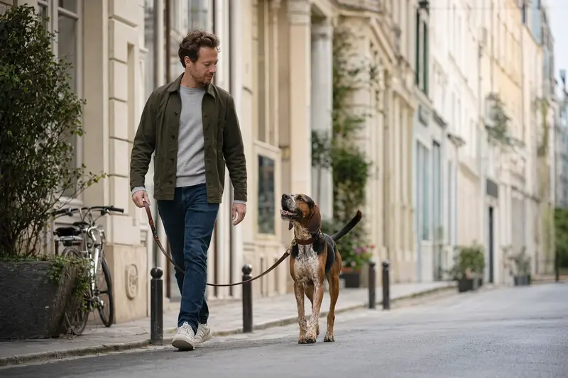 Ein Schweizer Laufhund läuft an der Leine mit seinem Besitzer durch eine moderne Stadtstraße.