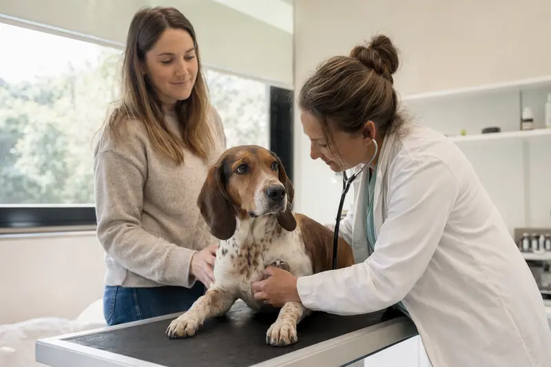 Eine Tierärztin untersucht einen ruhigen Schweizer Laufhund in einer modernen Tierarztpraxis behutsam mit dem Stethoskop, während der Besitzer beruhigend danebensteht.
