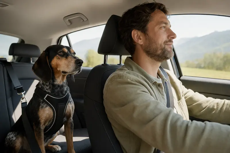 Ein Schweizer Laufhund sitzt sicher angeschnallt auf der Rückbank eines Autos, während der Besitzer ruhig fährt.