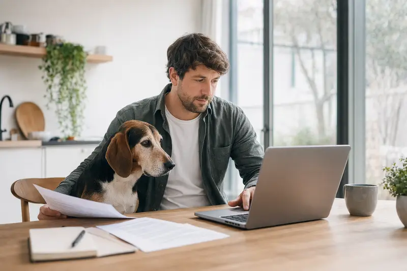 Ein Schweizer Laufhund sitzt ruhig neben seinem Besitzer am Küchentisch mit Versicherungsunterlagen und einem Laptop zur Hundekrankenversicherung.