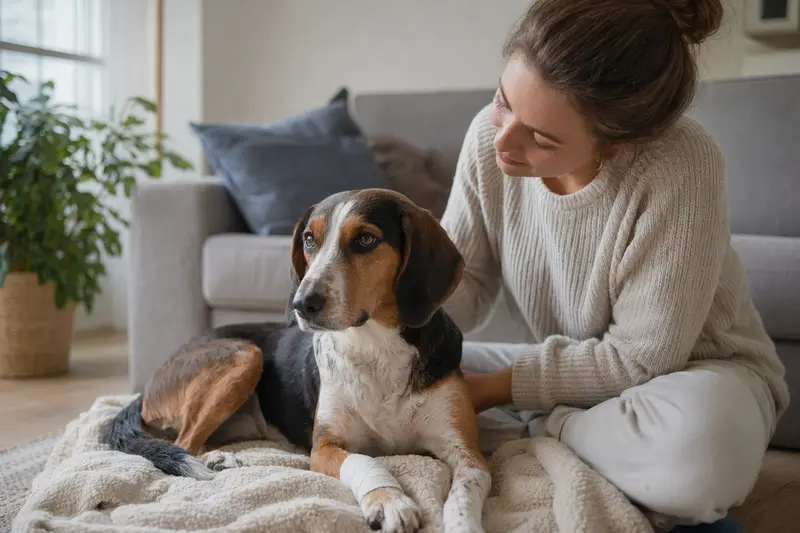 Schweizer Laufhund mit leichtem Verband an der Pfote liegt ruhig auf einer Decke neben seinem erleichterten Besitzer in einer hellen Wohnung.