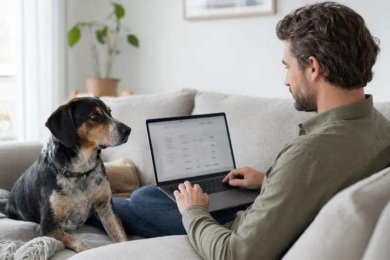 Ein Hundebesitzer sitzt mit einem Laptop auf dem Sofa, während ein Schweizer Laufhund neben ihm liegt und die Versicherungskosten vergleicht.