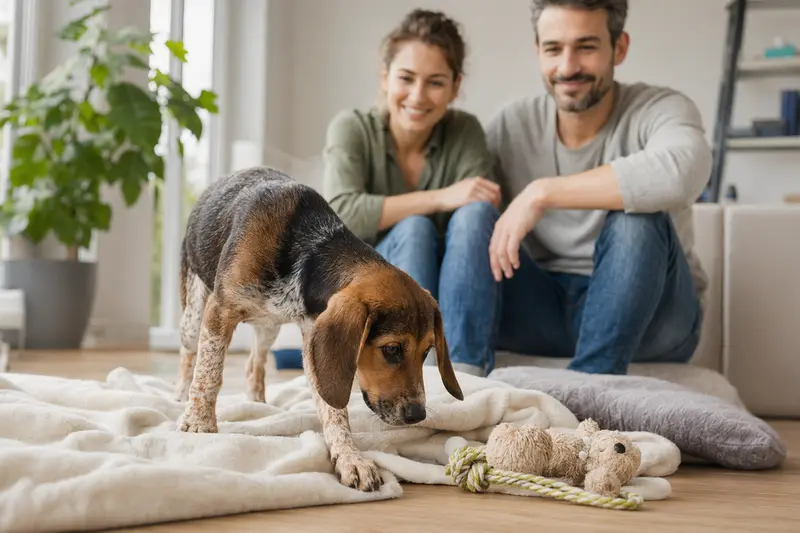Ein junger Schweizer Laufhund Welpe erkundet neugierig sein neues Zuhause mit weicher Decke und Spielzeug in heller Wohnung.