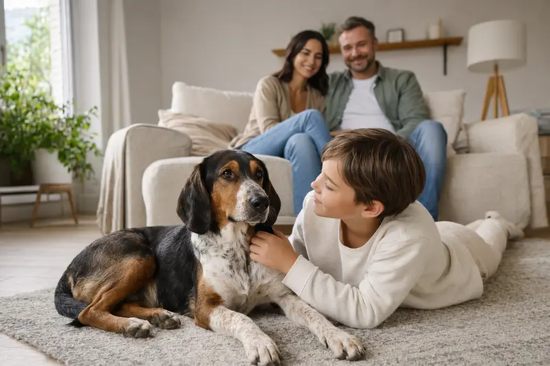 Ein freundlicher Schweizerischer Niederlaufhund liegt entspannt neben einem Kind im Wohnzimmer, während die Eltern im Hintergrund für eine helle und sichere Familienatmosphäre sorgen.