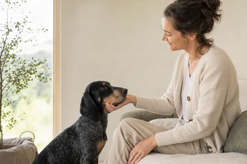 Schweizerischer Niederlaufhund in aufmerksamer Haltung vor hellem Hintergrund, als realistisches Tierportrait mit weichem Licht.