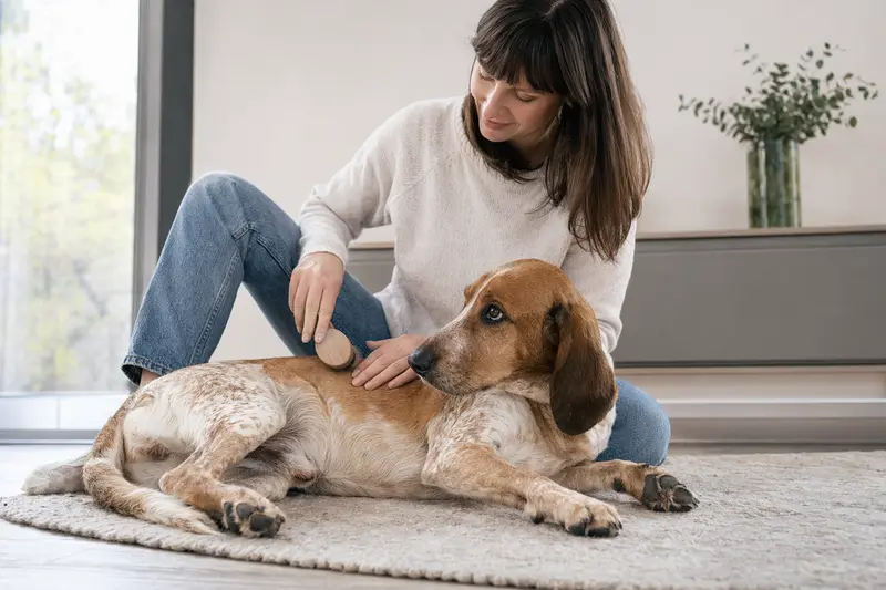 Ein Schweizerischer Niederlaufhund wird zuhause liebevoll gebürstet und gepflegt.