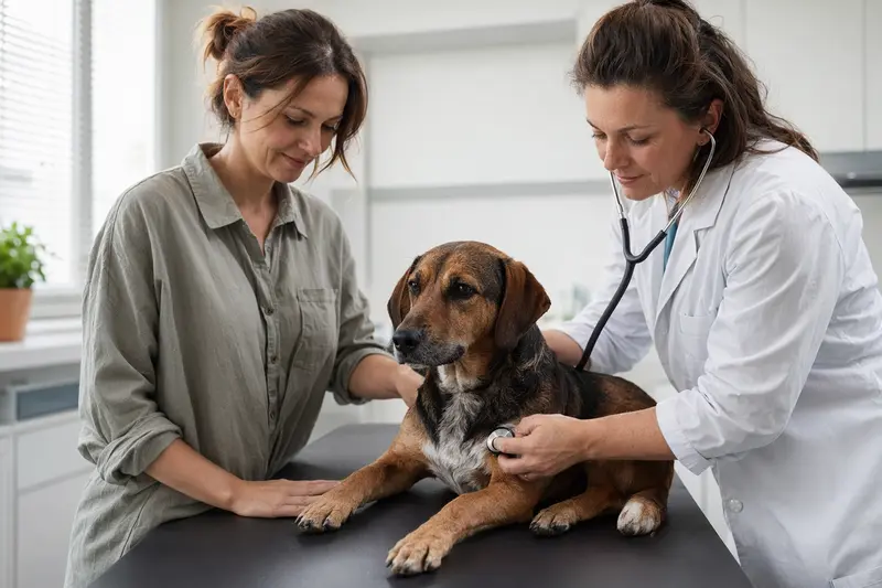 Eine Tierärztin untersucht einen ruhigen Schweizer Niederlaufhund mit dem Stethoskop auf dem Untersuchungstisch in einer modernen Tierarztpraxis, während der Besitzer beruhigend danebensteht.