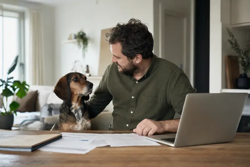 Ein Schweizerischer Niederlaufhund sitzt ruhig neben seinem Besitzer am Küchentisch mit Versicherungsunterlagen und einem Laptop zur Tierkrankenversicherung.