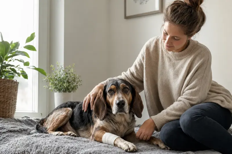 Schweizerischer Niederlaufhund mit leichtem Verband an der Pfote liegt ruhig auf einer Decke neben seinem erleichterten Besitzer in einer hellen Wohnung.