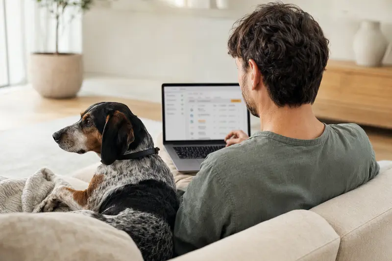 Ein Besitzer sitzt auf dem Sofa mit seinem Schweizerischen Niederlaufhund und nutzt einen Laptop für einen Versicherungsvergleich.
