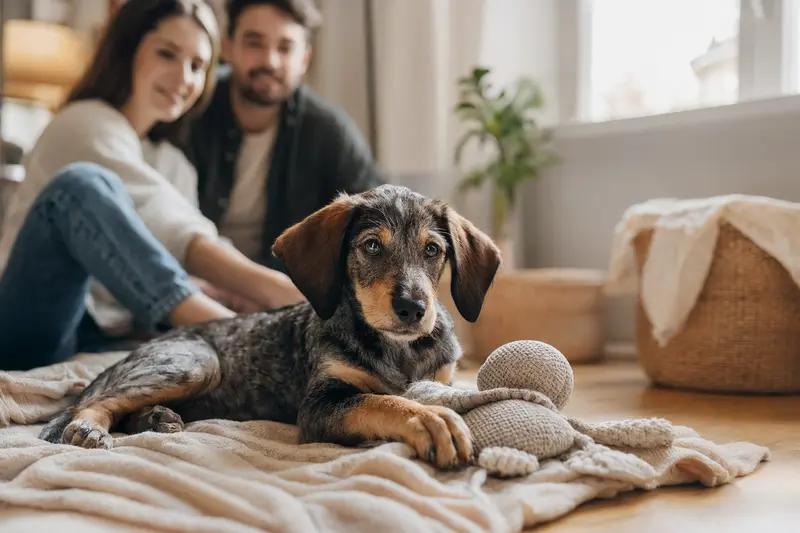 Ein junger Schweizerischer Niederlaufhund-Welpe erkundet neugierig sein neues Zuhause mit weicher Decke und Spielzeug in einer hellen Wohnung.