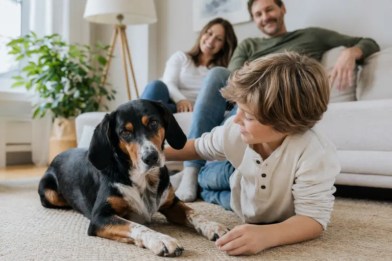 Ein freundlicher Schwyzer Laufhund liegt entspannt neben einem Kind im hellen Wohnzimmer einer Familie.