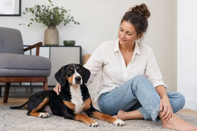 Schwyzer Laufhund in natürlicher Haltung vor hellem Hintergrund, als professionelles Hundeportrait mit klaren Details.