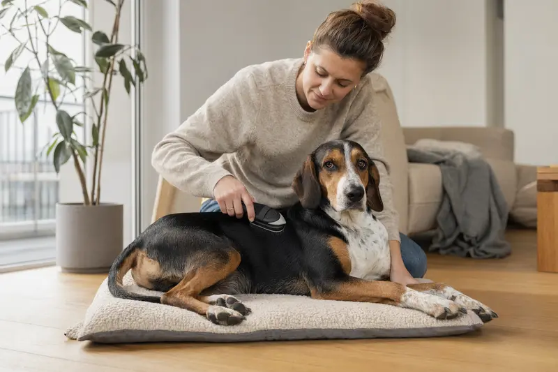 Ein Schwyzer Laufhund wird in einer hellen Wohnung sanft gebürstet, während sein Besitzer liebevoll die Fellpflege übernimmt.