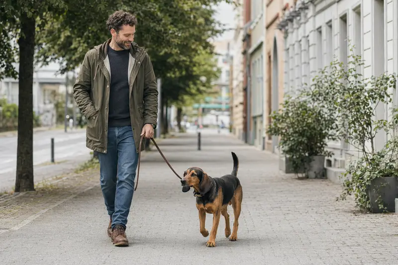 Ein Schwyzer Laufhund läuft an der Leine mit seinem Besitzer durch eine freundliche moderne Stadtstraße.