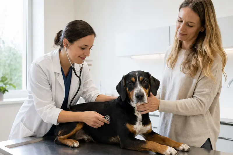 Eine Tierärztin untersucht einen ruhigen Schwyzer Laufhund mit dem Stethoskop in einer hellen Tierarztpraxis, während der Besitzer beruhigend danebensteht.