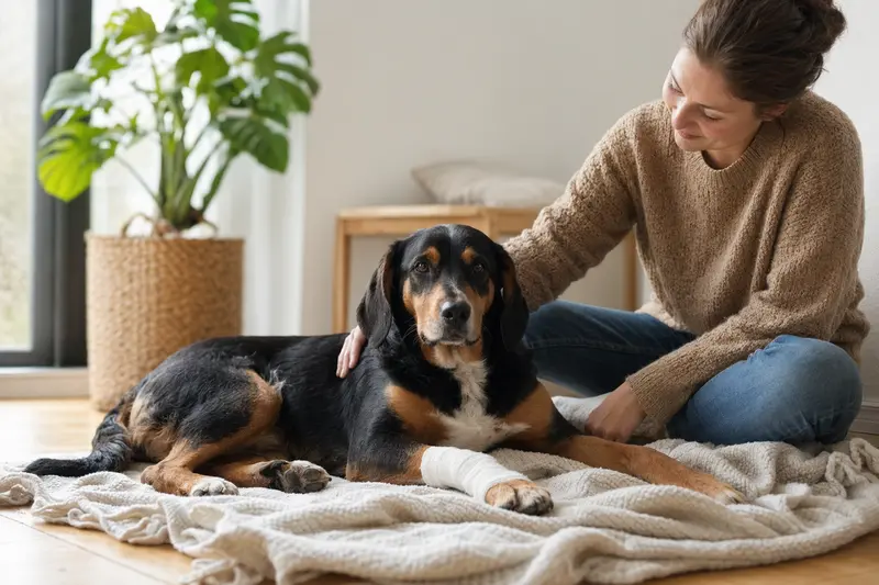 Ein Schwyzer Laufhund liegt mit leichtem Verband an der Pfote ruhig auf einer Decke, während sein Besitzer neben ihm erleichtert sitzt.