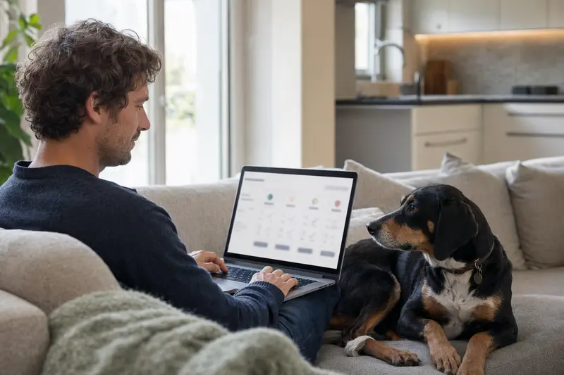 Ein Hundebesitzer sitzt mit einem Schwyzer Laufhund und Laptop auf dem Sofa in einer hellen Wohnung, während er einen Versicherungsvergleich betrachtet.
