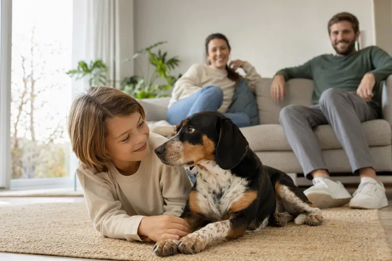 Ein freundlicher Schwyzer Niederlaufhund liegt entspannt neben einem Kind im hellen Wohnzimmer einer Familie.
