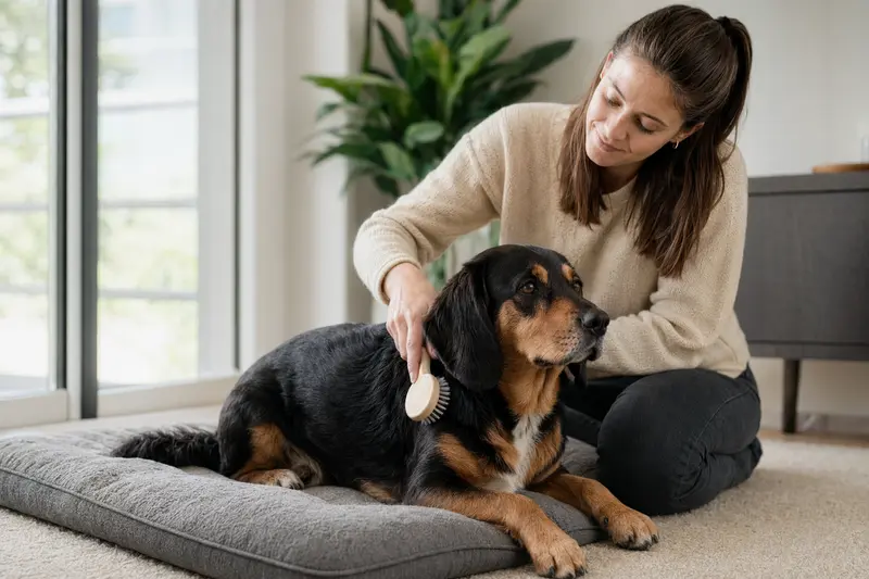 Ein Schwyzer Niederlaufhund wird in einer hellen Wohnung liebevoll gebürstet, während sein Besitzer die Fellpflege ruhig und sorgfältig übernimmt.