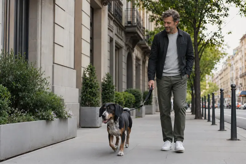 Ein Schwyzer Niederlaufhund läuft an der Leine mit seinem Besitzer durch eine moderne Stadtstraße.