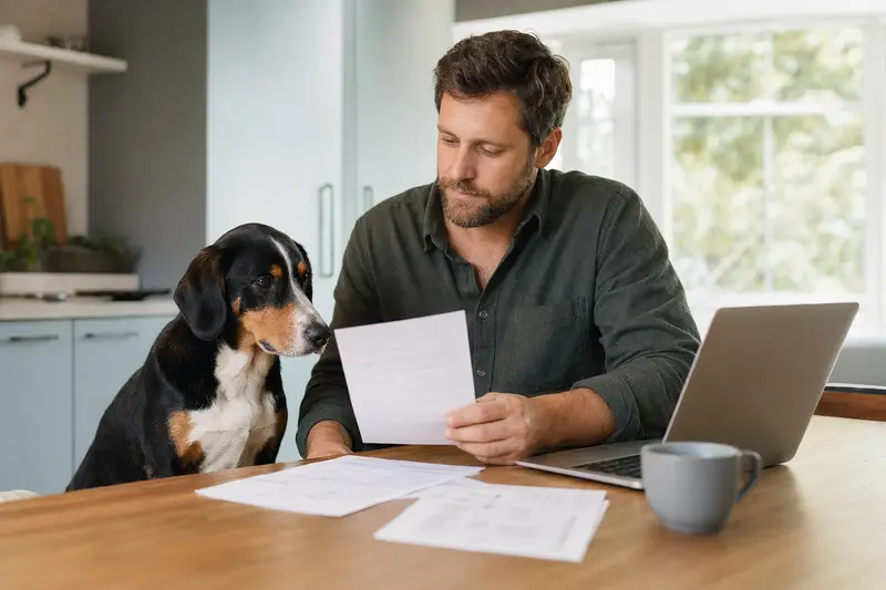 Ein Schwyzer Niederlaufhund sitzt ruhig neben seinem Besitzer am Küchentisch, während Versicherungsunterlagen und ein Laptop mit Vergleichsseite für eine Hundeversicherung liegen.