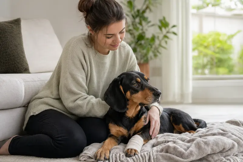 Schwyzer Niederlaufhund mit leicht verbundenen Pfote liegt ruhig auf einer Decke neben seinem erleichterten Besitzer in einer hellen Wohnung.
