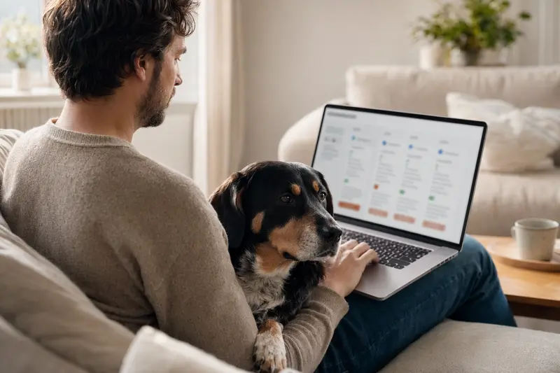 Ein Hundebesitzer sitzt mit Laptop auf dem Sofa, während ein Schwyzer Niederlaufhund ihm Gesellschaft leistet und eine Versicherungsvergleichs-Oberfläche auf dem Bildschirm angezeigt wird.