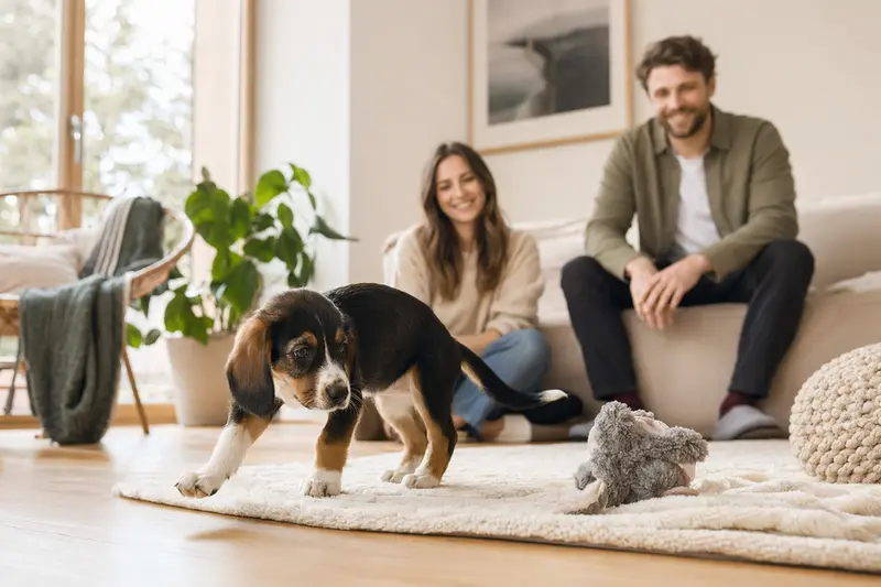 Ein junger Schwyzer Niederlaufhund Welpe erkundet neugierig sein neues Zuhause auf einer weichen Decke mit Spielzeug, während seine Familie im Hintergrund zu sehen ist.