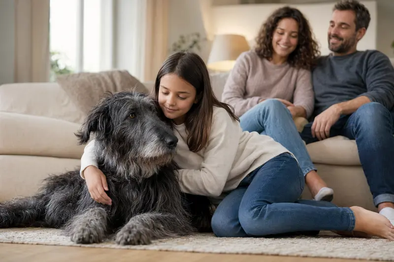 Ein Scottish Deerhound liegt entspannt neben einem Kind im Wohnzimmer, während die Eltern im Hintergrund eine sichere und warme Familienatmosphäre schaffen.