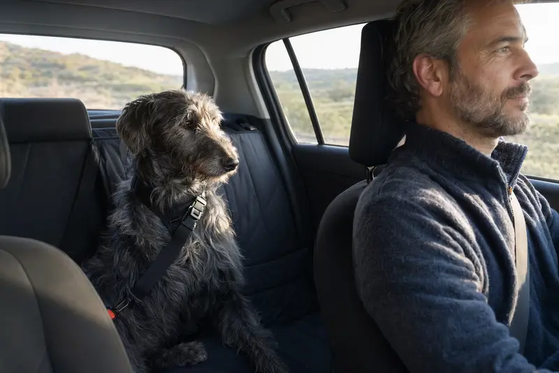 Ein Scottish Deerhound sitzt sicher angeschnallt auf der Rückbank eines Autos, während der Besitzer ruhig fährt.