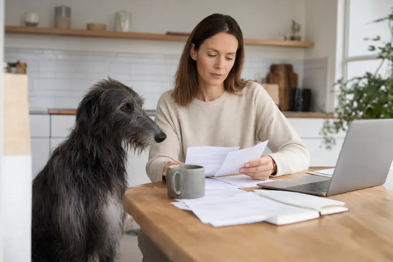Ein Scottish Deerhound sitzt ruhig neben seinem Besitzer am Küchentisch, während Versicherungsunterlagen und ein Laptop mit Vergleichsseite vor ihm liegen.