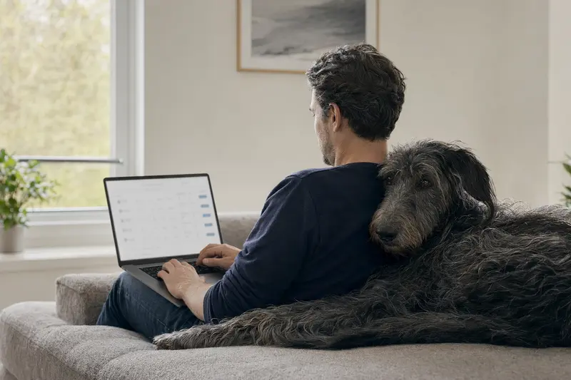 Ein Besitzer arbeitet mit seinem Laptop auf dem Sofa, während ein Scottish Deerhound neben ihm sitzt, was Sicherheit und informierte Entscheidungen bei der Tierkrankenversicherung symbolisiert.