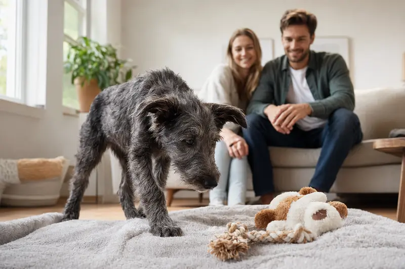 Ein junger Scottish Deerhound Welpe erkundet neugierig sein neues Zuhause auf einer weichen Decke, mit Spielzeug und seiner liebevollen Familie im hellen Hintergrund.