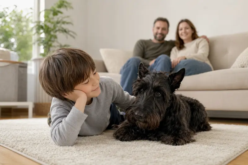 Ein freundlicher Scottish Terrier liegt entspannt neben einem Kind im Wohnzimmer, während die Eltern im Hintergrund eine sichere Familienatmosphäre schaffen.