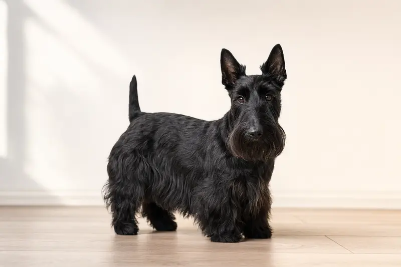 Ein Scottish Terrier steht aufmerksam in natürlicher Haltung vor hellem Hintergrund, als realistisches Hundeporträt mit klarer Fellstruktur.