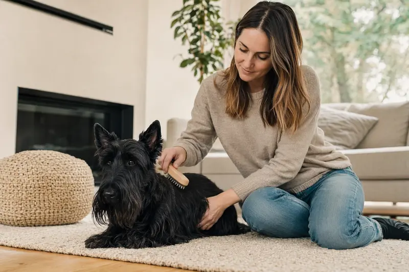 Ein Scottish Terrier wird in einer hellen Wohnung liebevoll gebürstet und gepflegt, was Gesundheit, Verantwortung und Fellpflege zeigt.