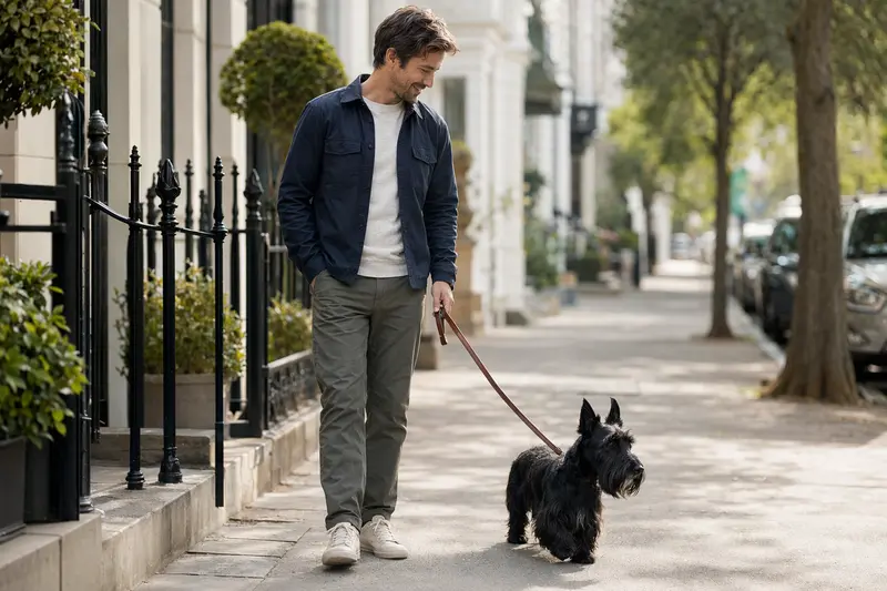 Ein Scottish Terrier läuft an der Leine mit seinem Besitzer durch eine moderne Stadtstraße im Alltag.