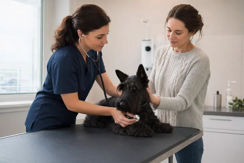 Eine Tierärztin untersucht einen ruhigen Scottish Terrier mit dem Stethoskop auf dem Untersuchungstisch in einer modernen Tierarztpraxis.