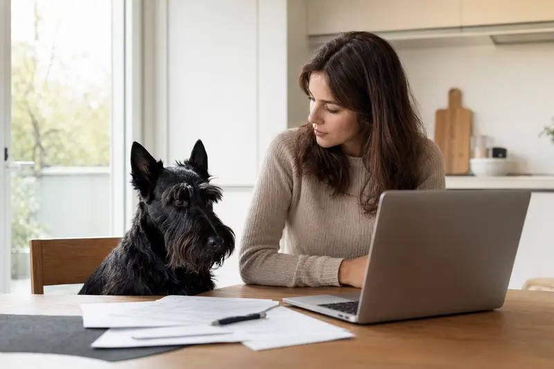 Ein Scottish Terrier sitzt ruhig neben seinem Besitzer am Küchentisch mit Versicherungsunterlagen und einem Laptop zur Tierkrankenversicherung.
