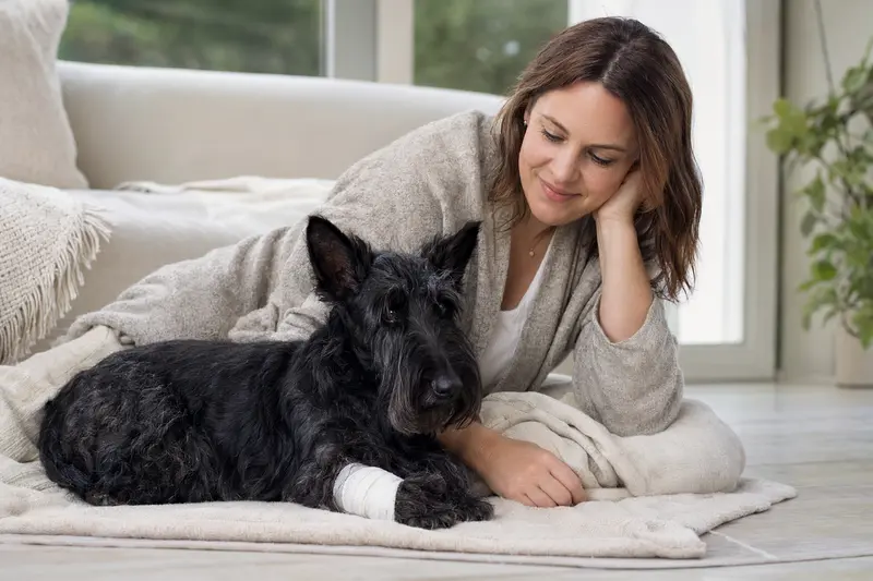 Ein Scottish Terrier mit leicht verbundenem Verband an der Pfote liegt ruhig auf einer Decke, während sein Besitzer neben ihm erleichtert sitzt.