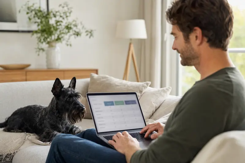 Ein Besitzer sitzt mit seinem Scottish Terrier auf dem Sofa und vergleicht Versicherungsoptionen auf einem Laptop.