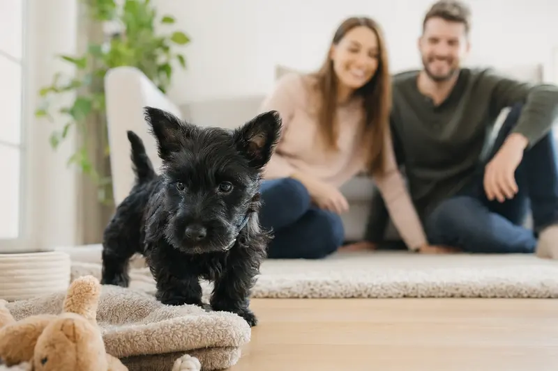 Ein junger Scottish Terrier Welpe entdeckt neugierig sein neues Zuhause in einer hellen Wohnung mit weicher Decke und Spielzeug.