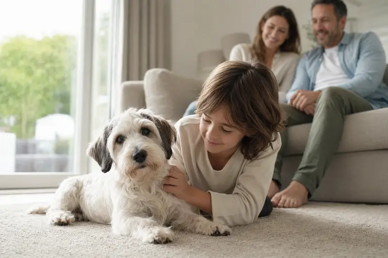 Ein freundlicher Sealyham Terrier liegt entspannt neben einem Kind im Wohnzimmer, während die Eltern im Hintergrund eine sichere Familienatmosphäre schaffen.