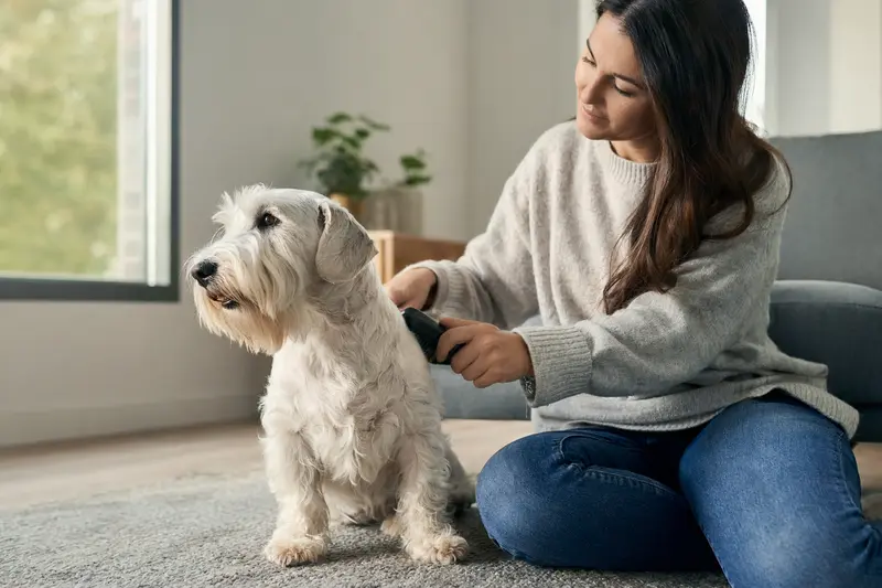 Ein Sealyham Terrier wird in einer hellen Wohnung sanft gebürstet, während sein Besitzer liebevoll die Fellpflege übernimmt.