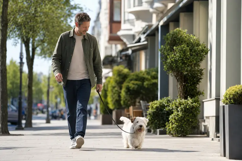 Ein Sealyham Terrier läuft an der Leine mit seinem Besitzer durch eine moderne Stadtstraße im Alltag.