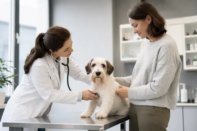 Eine Tierärztin untersucht einen ruhigen Sealyham Terrier auf dem Untersuchungstisch mit dem Stethoskop, während der Besitzer beruhigend danebensteht.