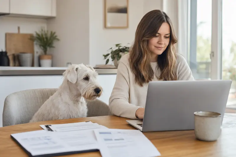 Sealyham Terrier sitzt ruhig neben seinem Besitzer am Küchentisch mit Versicherungsunterlagen und Laptop zur Hundekrankenversicherung.