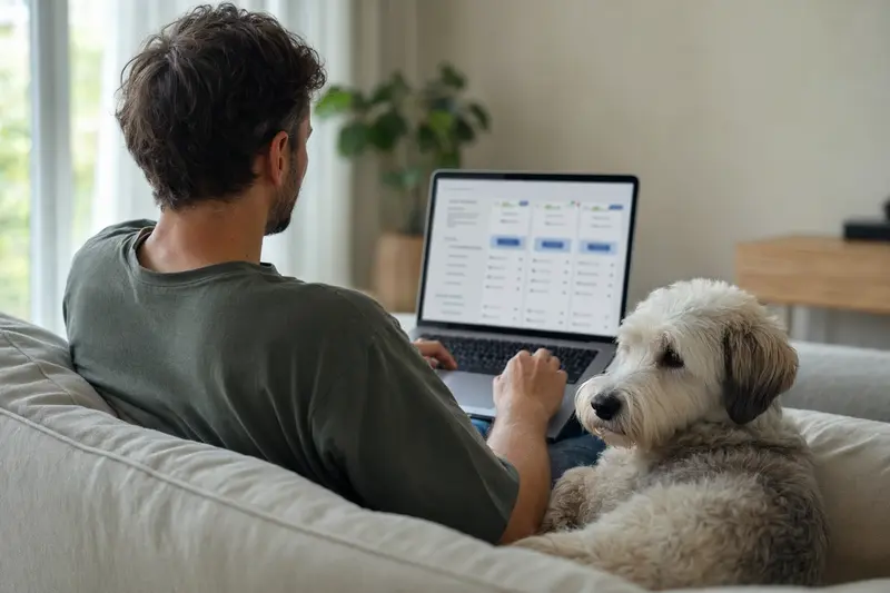 Ein Hundebesitzer sitzt mit Laptop auf dem Sofa, während ein Sealyham Terrier neben ihm liegt und eine unklare Versicherungsvergleichsseite auf dem Bildschirm zeigt.