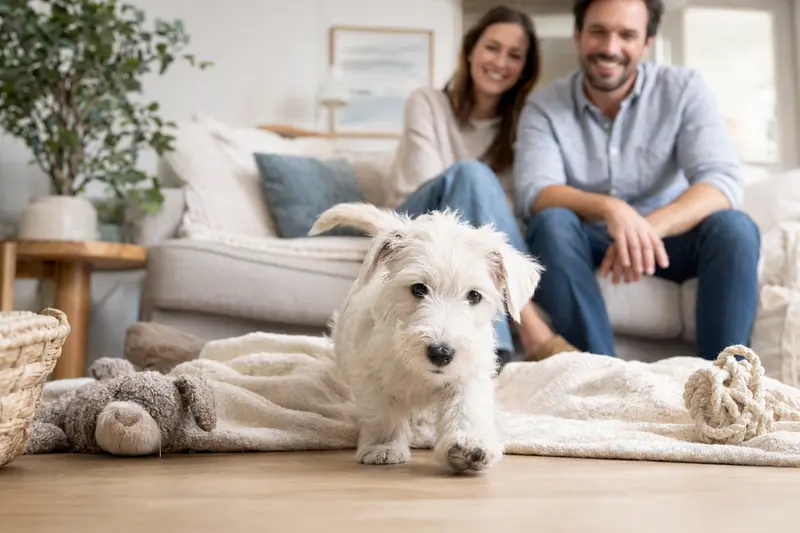 Ein junger Sealyham Terrier Welpe erkundet neugierig sein neues Zuhause in einer hellen Wohnung mit weicher Decke und Spielzeug, während seine Familie im Hintergrund zu sehen ist.